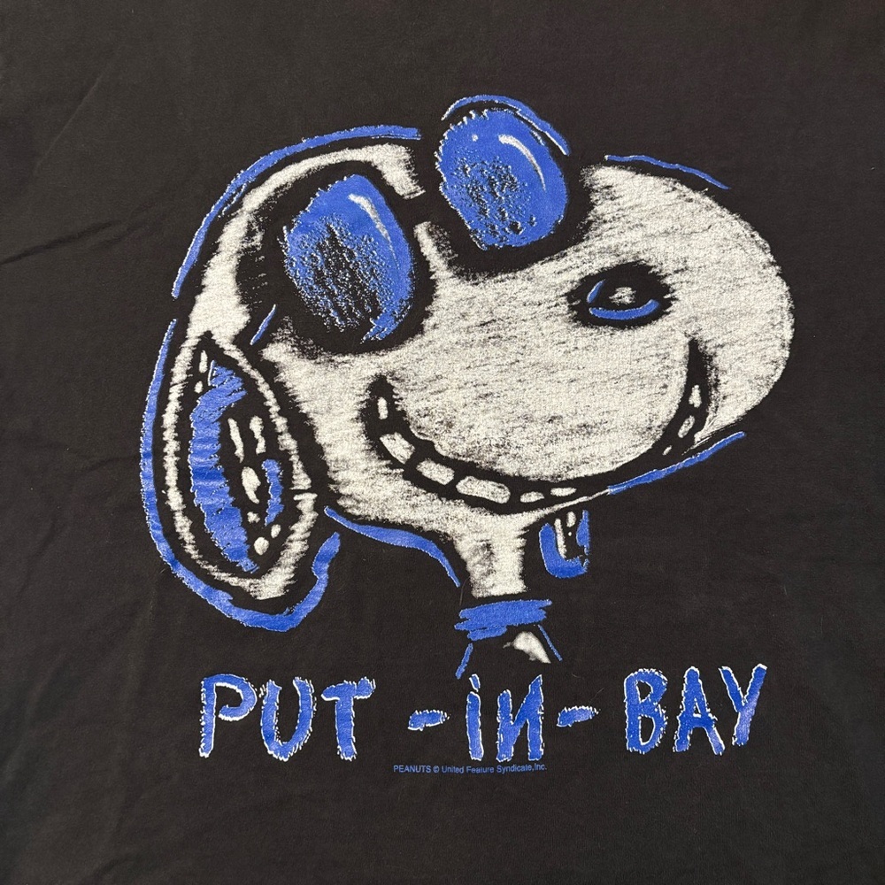 Vintage Joe Cool Snoopy T Shirt Large Put in Bay Black Blue Grunge USA Made - Picture 3 of 6